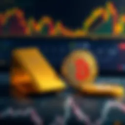 Visual comparison of a gold bar and a Bitcoin coin with market trend graphs showing stability of gold and decline of Bitcoin.