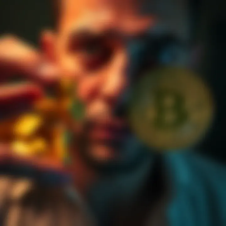 A person considering trading gold jewelry for Bitcoin, with gold pieces on one side and a Bitcoin symbol on the other, symbolizing the trade-off between traditional and digital currency.