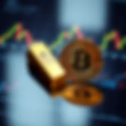 A gold bar and a Bitcoin coin placed on a graph showing market trends, highlighting the recent drop in gold and stability in Bitcoin.