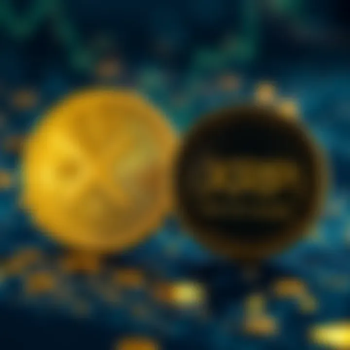 A gold coin next to a digital representation of XRP, showing the choice between traditional and digital currency investments.