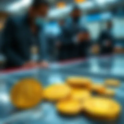 Gold Libertad coins displayed on a table with a blurred background of collectors