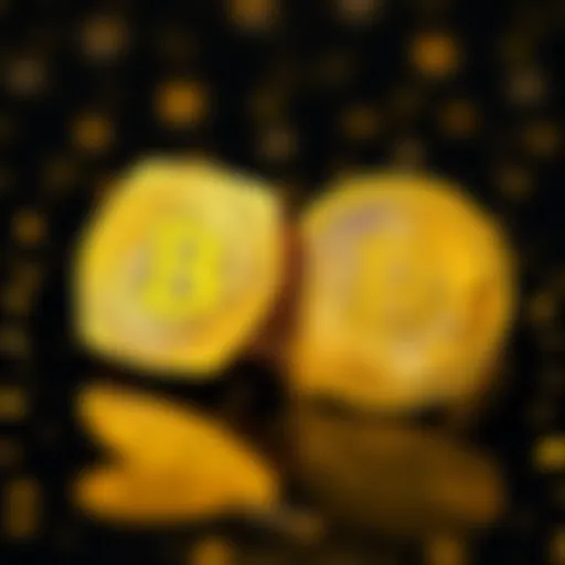 A gold bar placed next to a Bitcoin symbol, illustrating the comparison between gold and Bitcoin as investment assets.