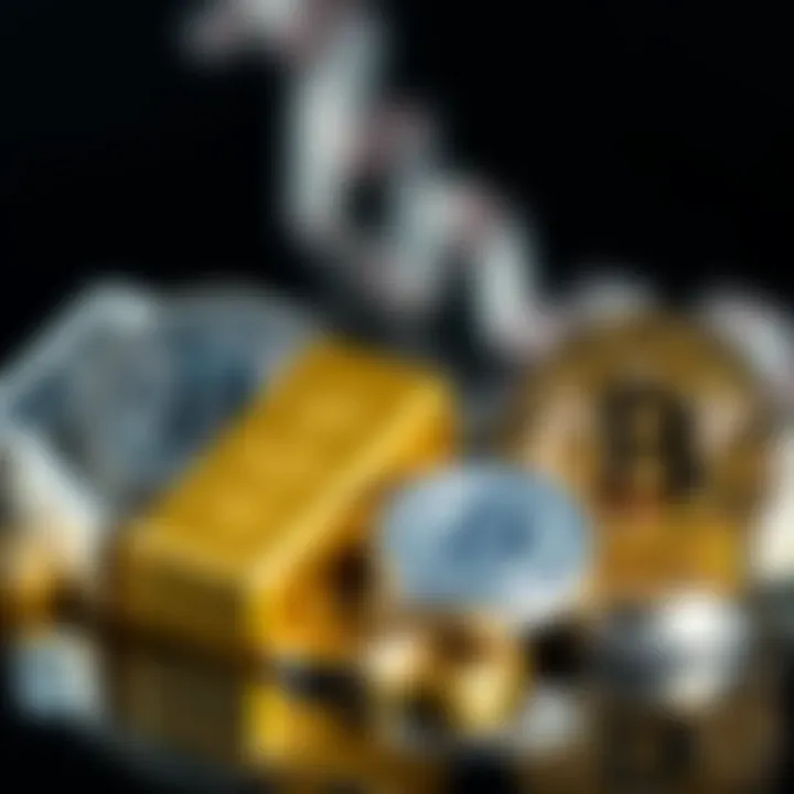 Visual representation of gold bars, silver coins, and Bitcoin symbolizing their market dynamics as investment assets.