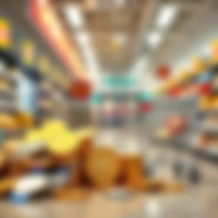 Gold and silver coins with price tags and a shopping cart in a bright store setting
