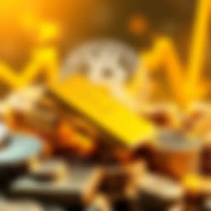 Gold bars and silver coins shining with a background showing a Bitcoin symbol in decline.