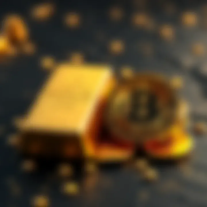 A side-by-side display of gold bars and a Bitcoin symbol, illustrating the debate on their value