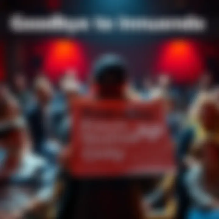 A person holding a sign that says 'Fresh Humor Only' with an audience laughing in the background.