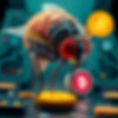 Illustration of a simulated fruit fly brain connected to a web browser mining Bitcoin, highlighting efficiency and innovation in cryptocurrency mining