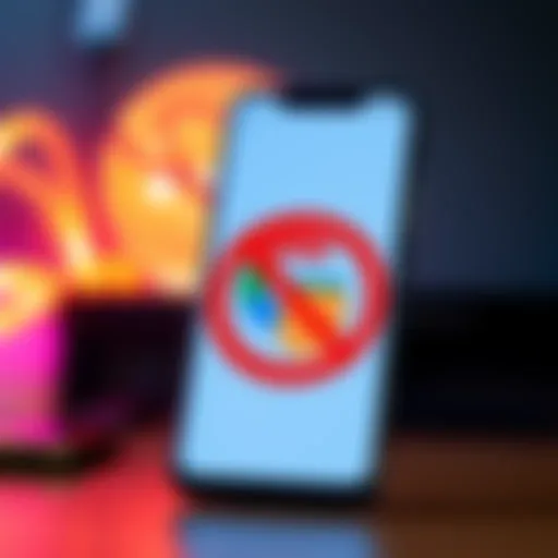 A smartphone displaying the Google logo with a warning sign and a cryptocurrency wallet icon being crossed out, symbolizing the removal of crypto wallet apps from Android devices.
