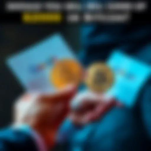 A person holding Google stock certificates in one hand and a Bitcoin in the other, showing a decision-making moment about selling investments.