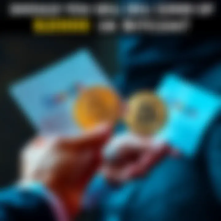 A person holding Google stock certificates in one hand and a Bitcoin in the other, showing a decision-making moment about selling investments.