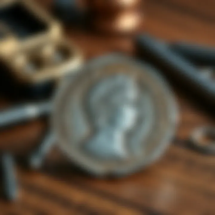 A close-up of a silver tetradrachm coin featuring the profile of Gordian III, placed on a wooden table with numismatic tools nearby.