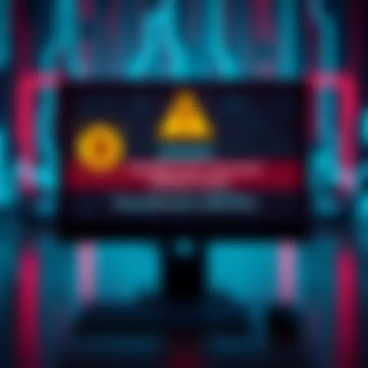 A visual representation of a government account being hacked, featuring a computer screen with a Bitcoin logo and a warning sign