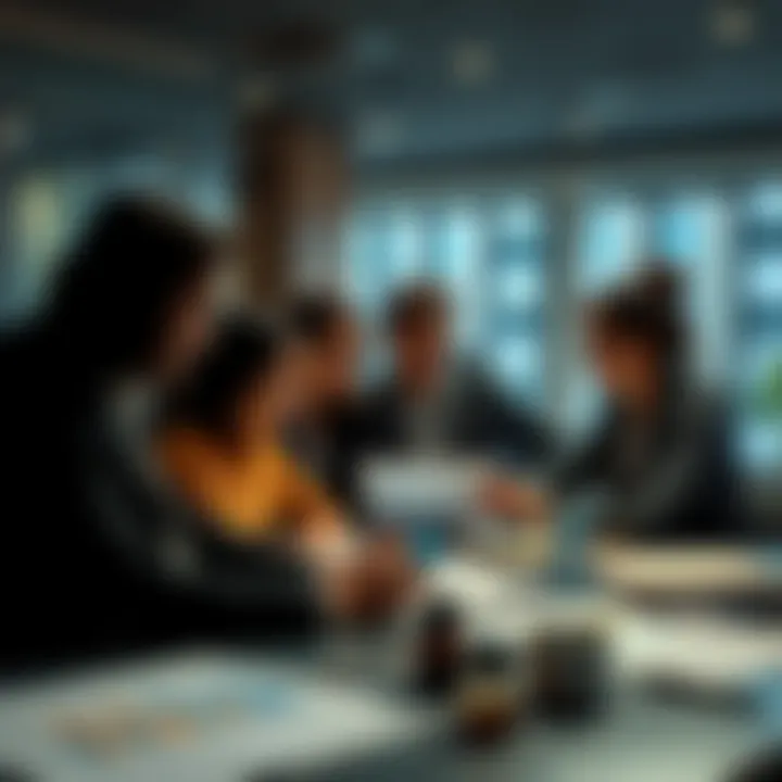 A diverse group of people discussing governance and transparency in a financial setting, with charts and documents on a table.