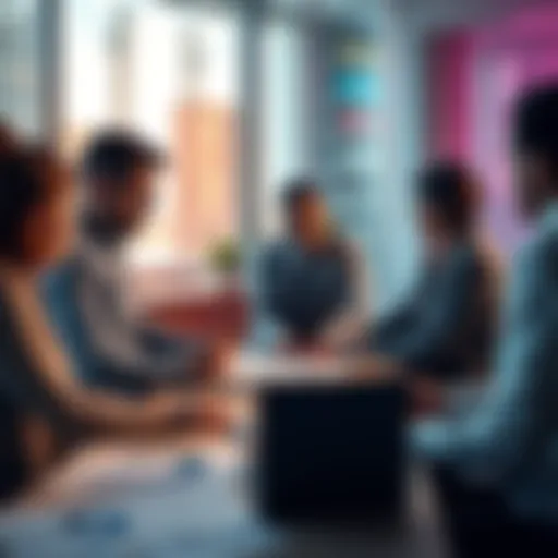 A group of professionals discussing blockchain strategies in an office setting with charts and graphs on the table.