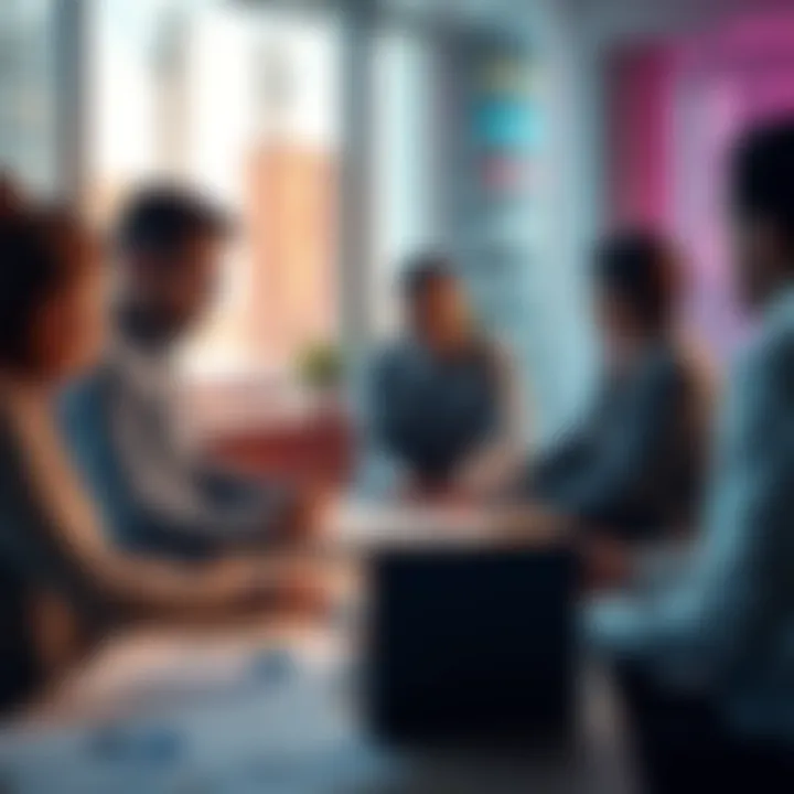 A group of professionals discussing blockchain strategies in an office setting with charts and graphs on the table.