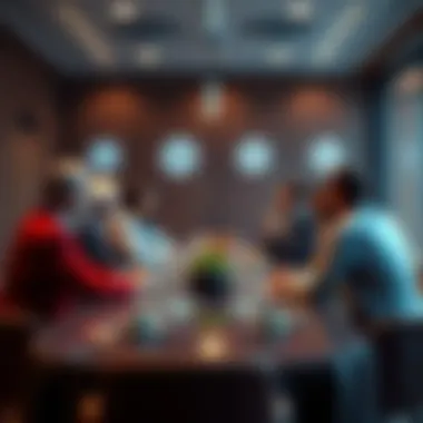 A group of people discussing Treasury management strategies at a roundtable meeting, with Cardano logos in the background.