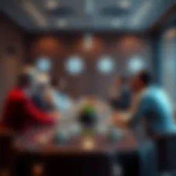 Governance Roundtable with Cardano A group of people discussing Treasury management strategies at a roundtable meeting, with Cardano logos in the background.