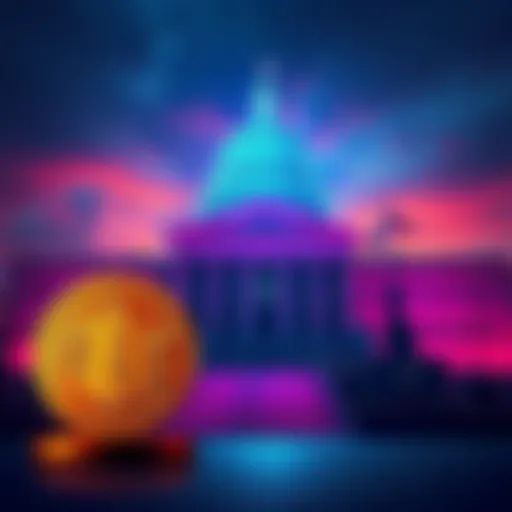 A government building with a Bitcoin symbol in front, symbolizing the connection between government policies and the Bitcoin market.