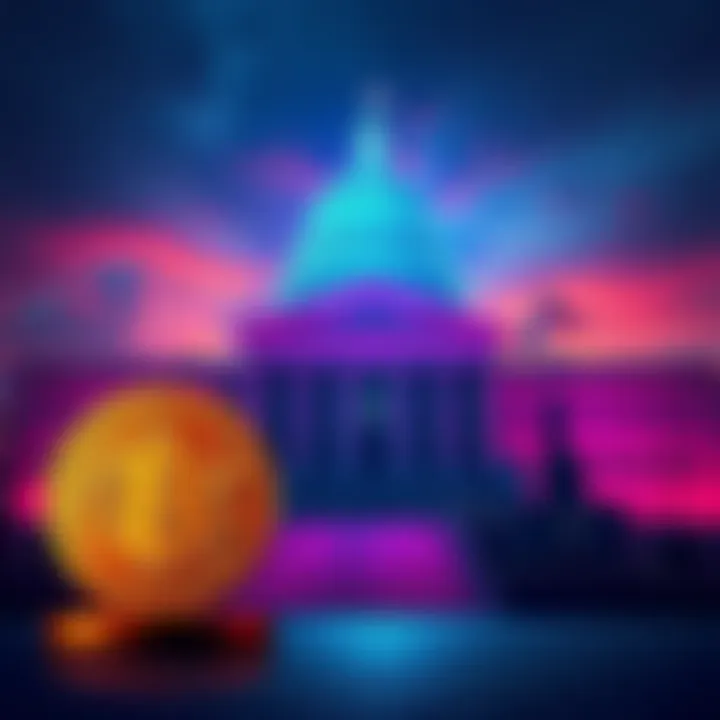 A government building with a Bitcoin symbol in front, symbolizing the connection between government policies and the Bitcoin market.