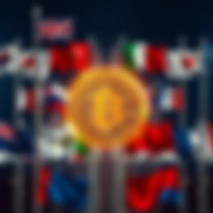 Various flags representing nations that hold Bitcoin, with a Bitcoin symbol in the center to show global support for the digital asset.