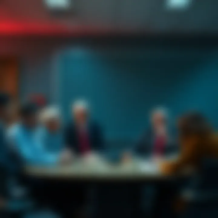 Government Challenges A group of officials discussing issues in a meeting room, looking concerned about public trust and governance problems.