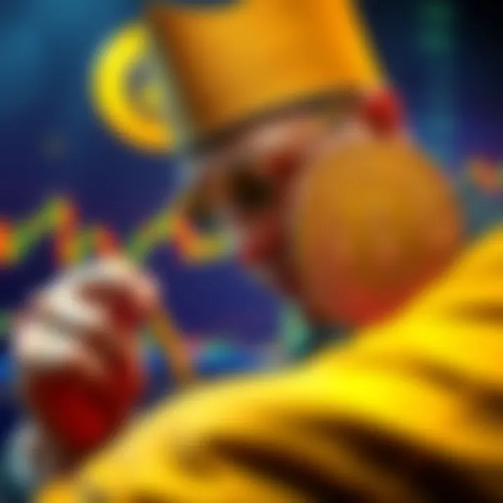 A government official examining a digital currency symbol, with a chart showing fluctuating values in the background.