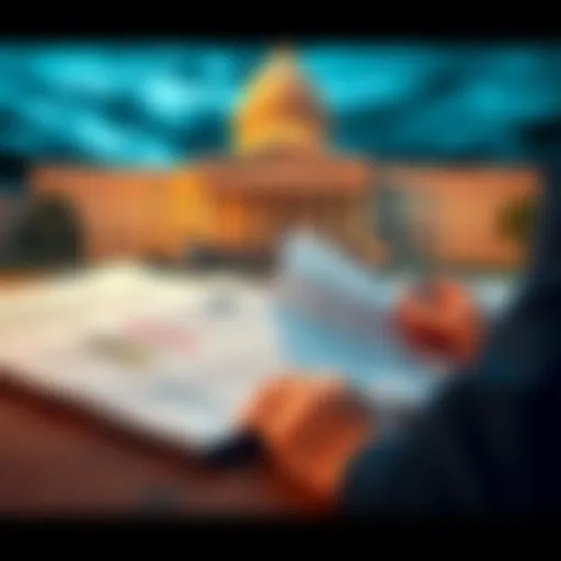 A government building with financial documents spread on a table, symbolizing changes in ownership reporting rules. A person looks over the documents, indicating concern about transparency.