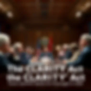A group of lawmakers discussing the CLARITY Act in a conference room, looking concerned about its future.