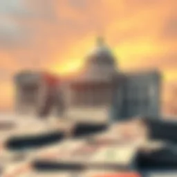 A visual representation of government buildings with stacks of money and tax forms, illustrating the relationship between money printing and taxation.