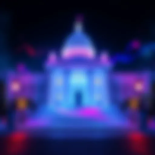 A digital representation of a government building with Cardano logo and PFMS symbols around it, symbolizing innovation in government adoption.