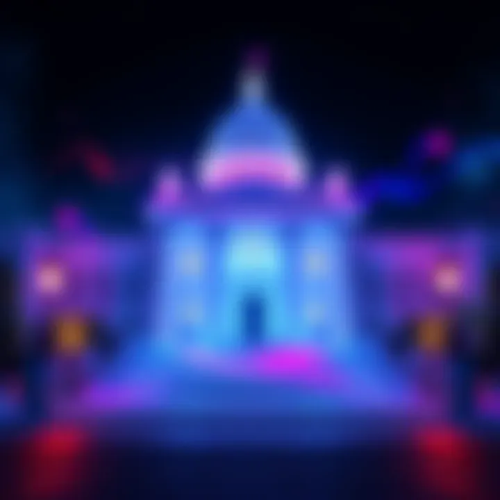 A digital representation of a government building with Cardano logo and PFMS symbols around it, symbolizing innovation in government adoption.