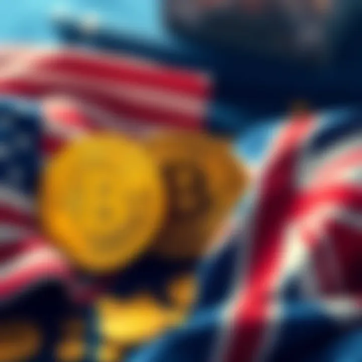 Illustration showing US and UK flags with Bitcoin symbols, representing governmental seizures