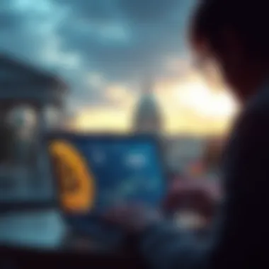 A person looking at a laptop with Bitcoin graphics and a government building in the background.