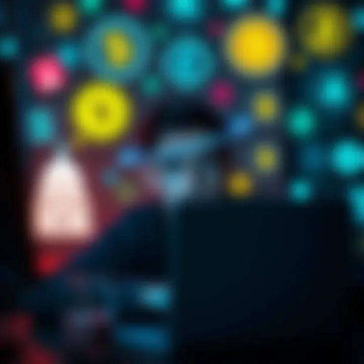 A person looking worried while using a laptop, surrounded by symbols of government surveillance and cryptocurrency icons.