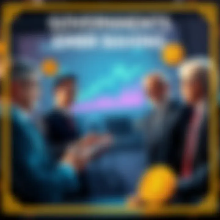 A group of government officials discussing Bitcoin investment with charts and graphs in the background