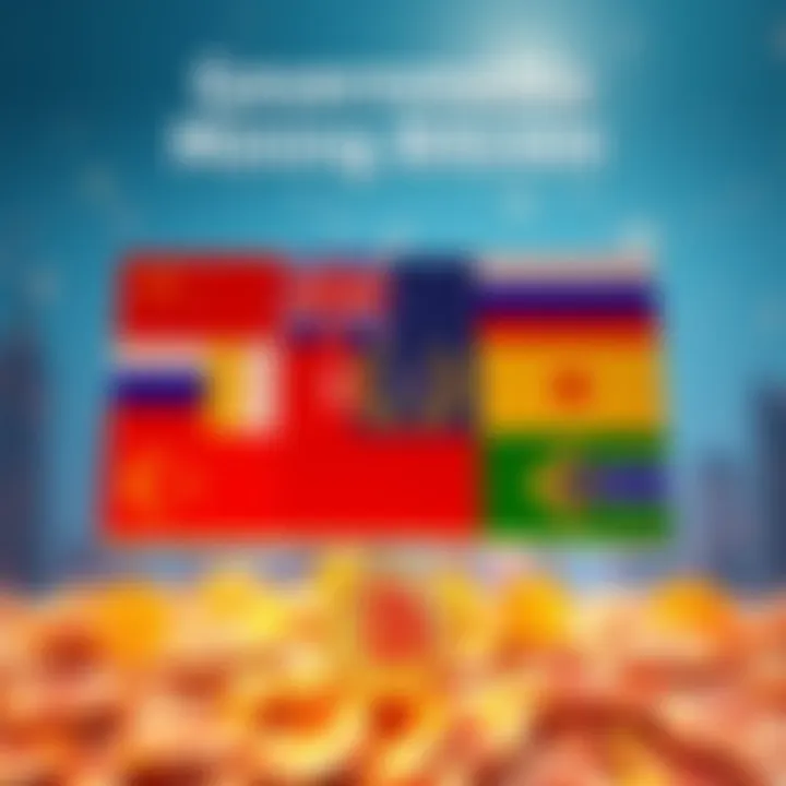 A visual representation of various countries' flags with Bitcoin symbols, indicating state involvement in Bitcoin mining.