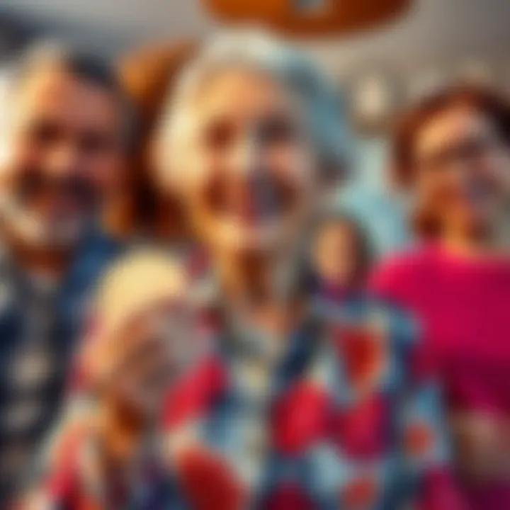 A cheerful grandmother holding a Litecoin coin and smiling, surrounded by cheerful family members, illustrating the idea of attractiveness linked to financial investment.