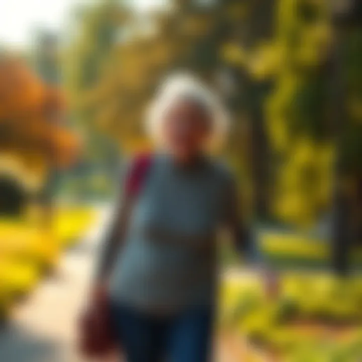 An elderly woman exploring a park, smiling as she walks along the path with a playful expression.