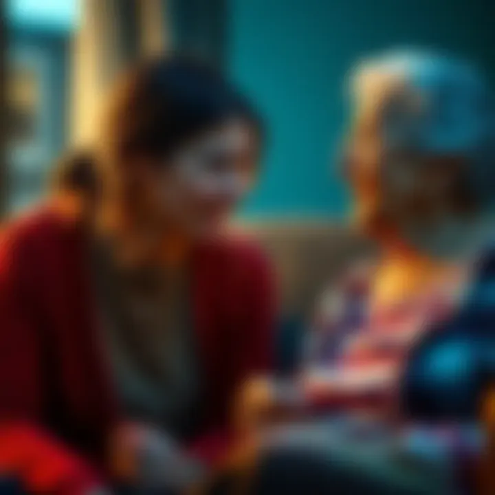 Concerned granddaughter advising her grandma A young woman discussing finances with her elderly grandmother, who looks worried about investing in cryptocurrency.