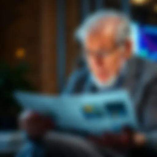 Elderly man reading news about Bitcoin on a tablet, showing interest and curiosity.