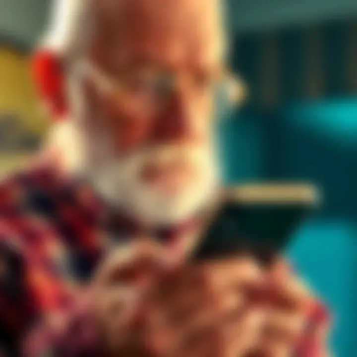 Grandpa Holding Digital Currency An elderly man looks at a smartphone displaying digital currency with a thoughtful expression, representing his $900 investment.