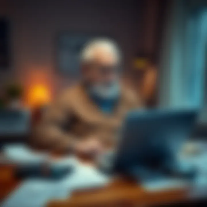 An elderly man sits at a table with a laptop, contemplating whether to invest in a low-priced coin. Papers and a calculator are scattered around him, indicating financial planning.