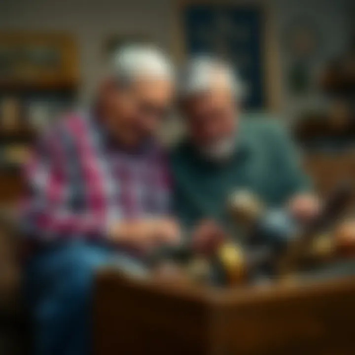 An elderly couple sorting through a box of old belongings, looking at valuable antiques and heirlooms, symbolizing family legacy.