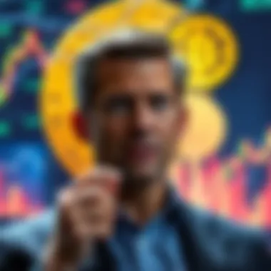 Real estate investor Grant Cardone discussing Bitcoin's future as a currency, showcasing a Bitcoin symbol and financial graphics in the background.