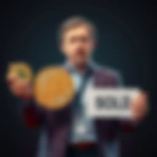 Grant Cardone stands with a worried expression, holding a Bitcoin symbol in one hand and a 'Sold' sign in the other, illustrating his recent decision to sell all his Bitcoin holdings.