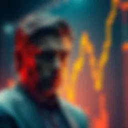 A distressed businessman looking at a falling stock chart, representing financial loss and Bitcoin margin calls.