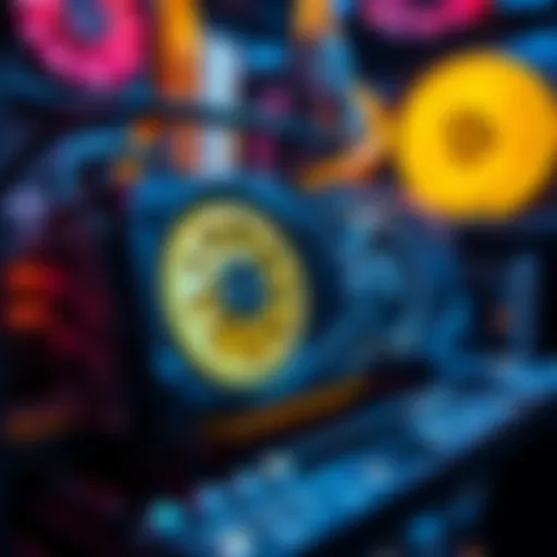 A close-up of a computer graphics card set up for cryptocurrency mining with visible connections and cooling fans