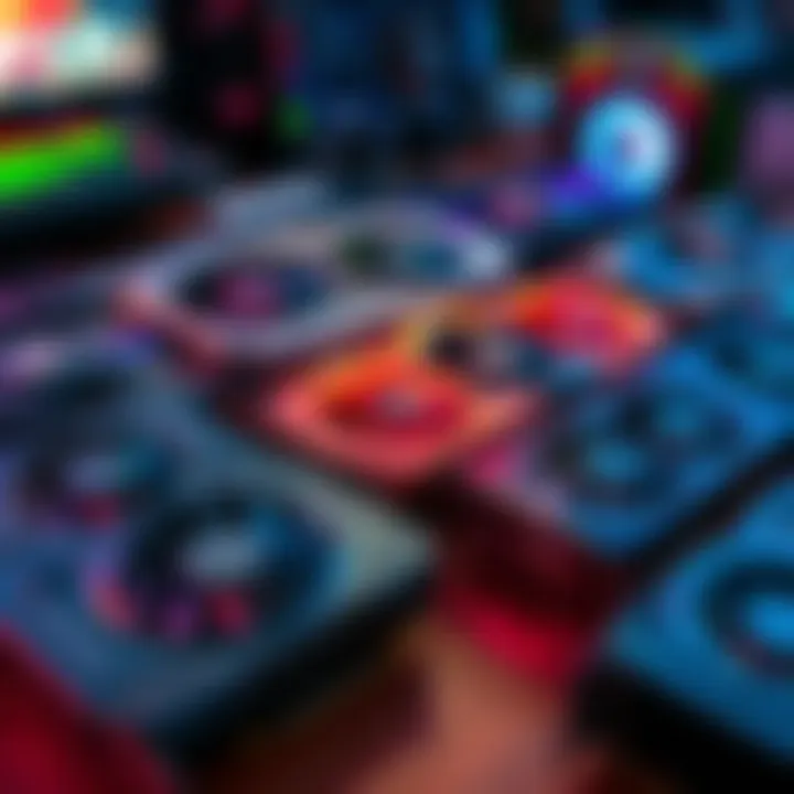 Close-up of several used graphics cards displayed for sale on a table