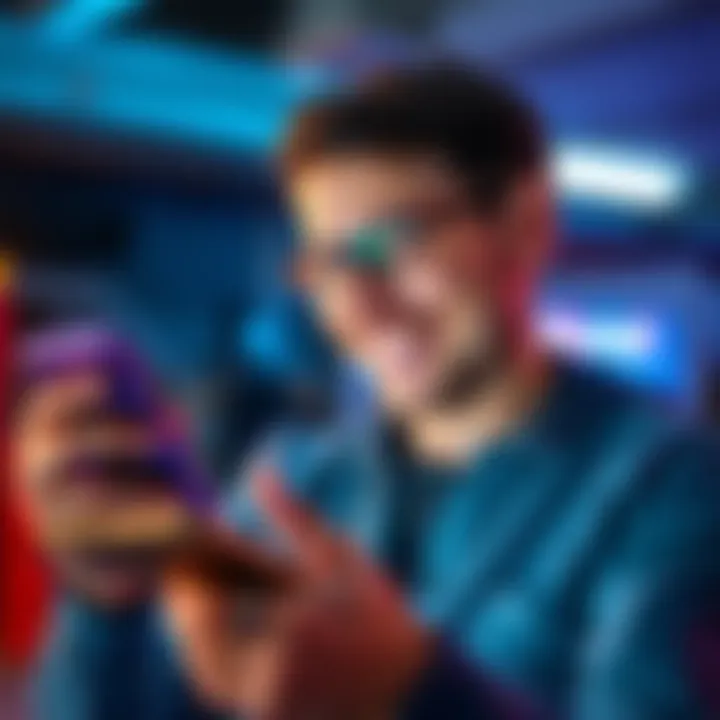 A satisfied person using the Revolut app on a smartphone, with a smile on their face, showcasing the app interface